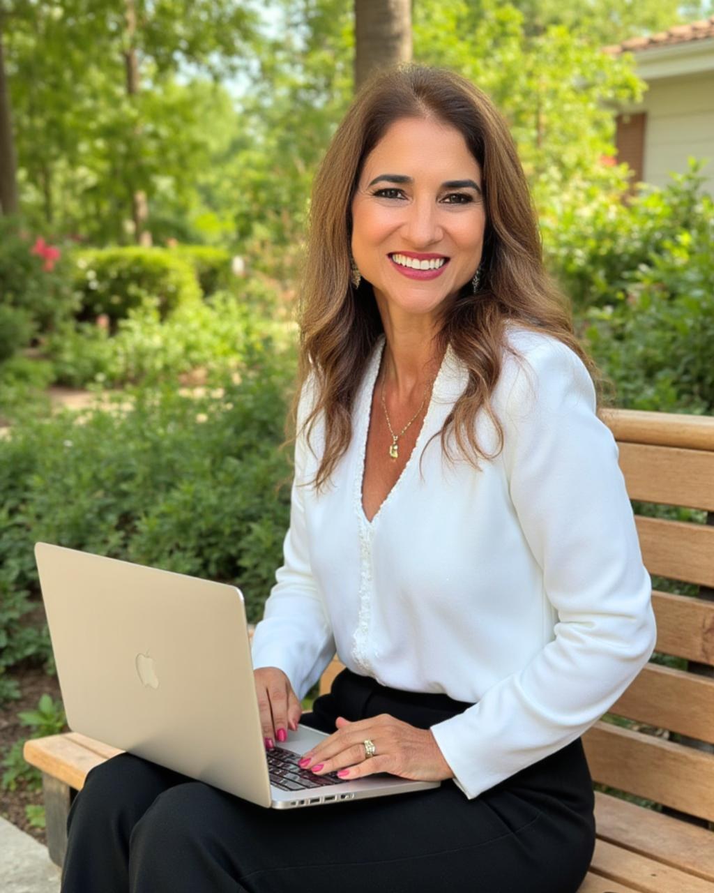 Kátia Teixeira em ambiente profissional com notebook